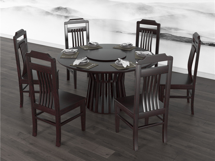新中式黑色/原木色圆餐桌餐椅02